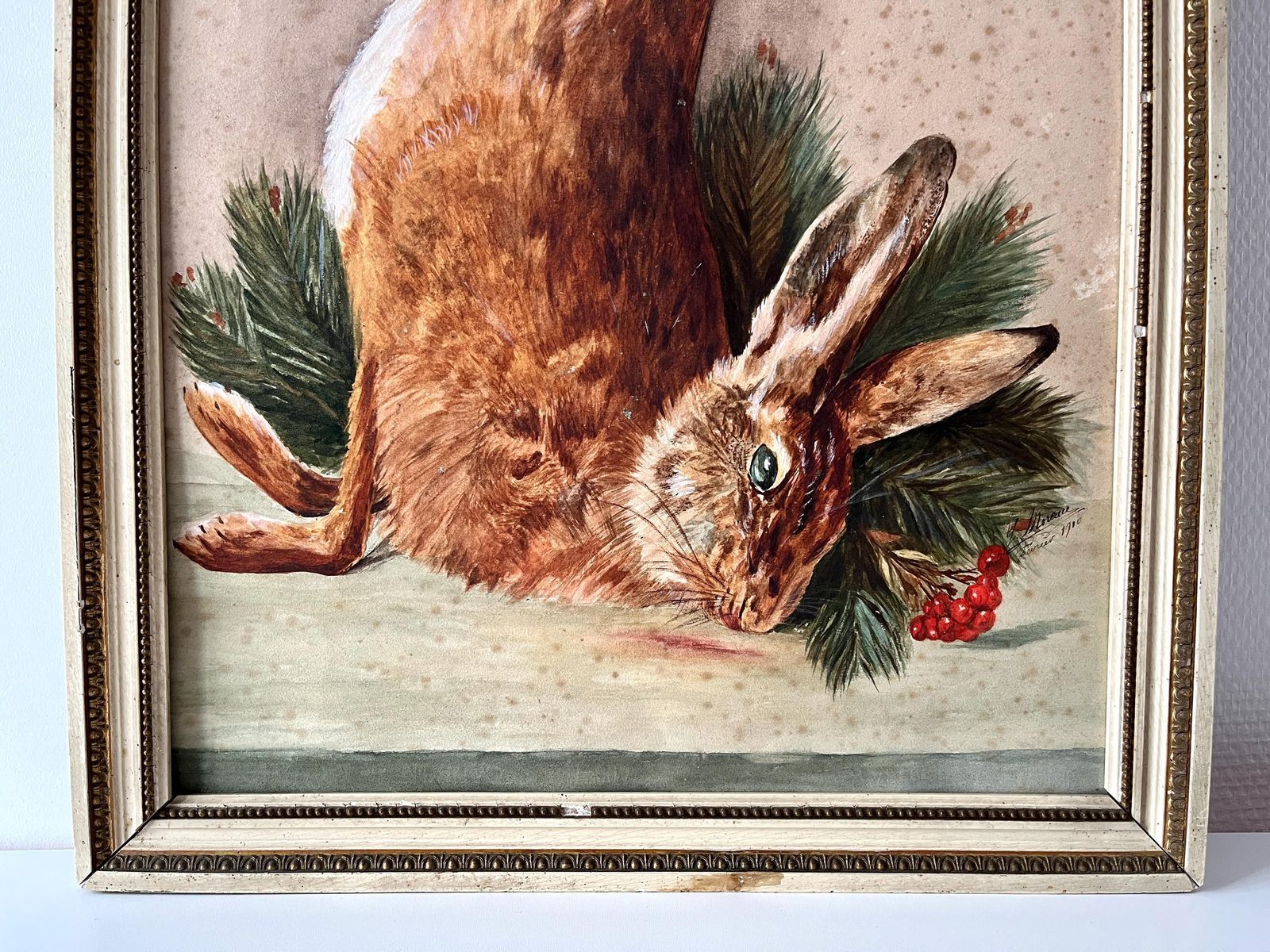 Antique 1910s Hare Still Life Painting "Trophy Hunting", Original Venison French Oil On Canvas, Antique Framed Painting photo Art