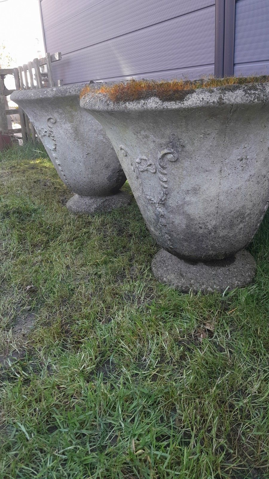 Pair Of Beautiful 20th Century Cast Stone Weathered Urns photo buy