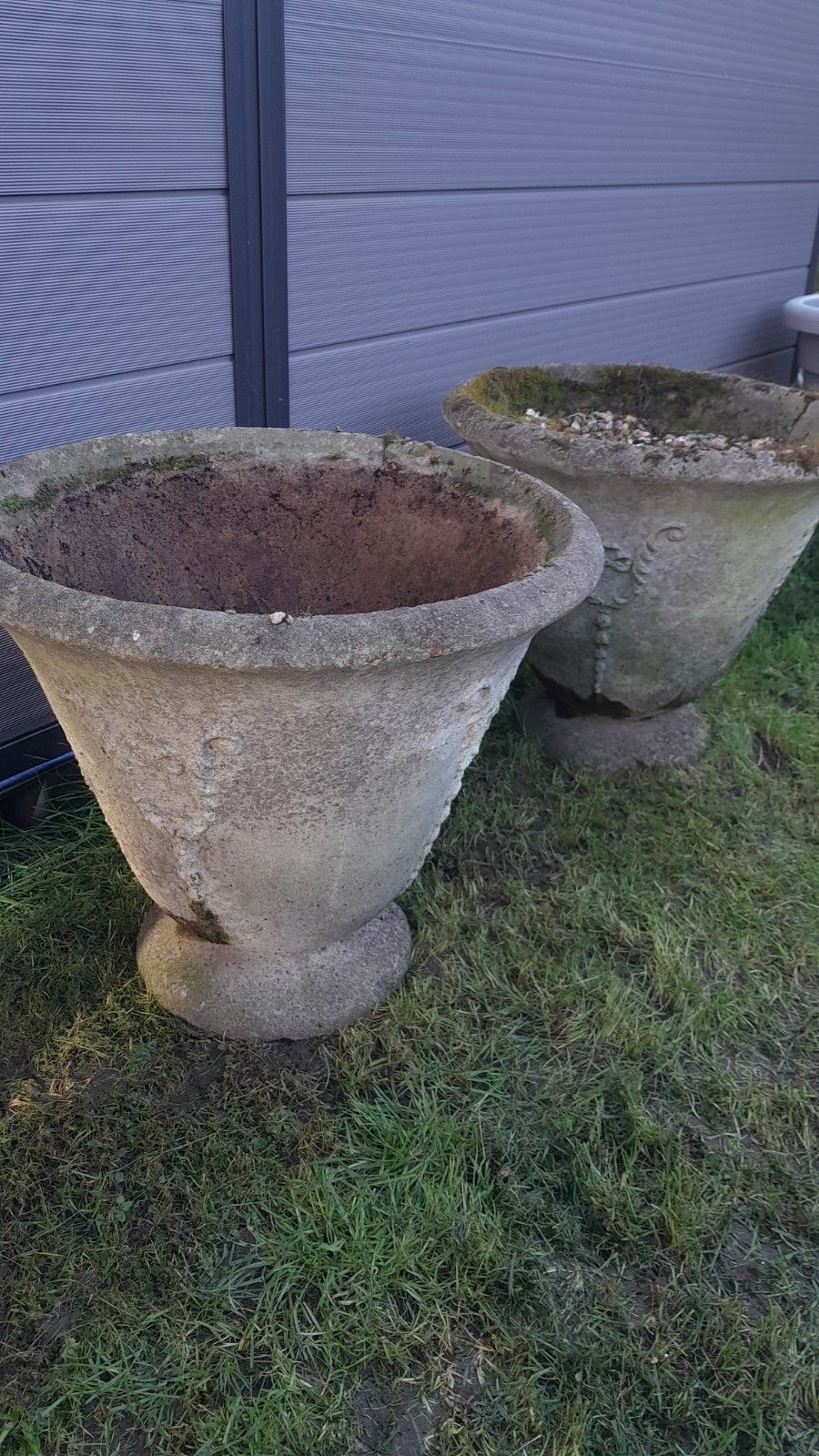 Pair Of Beautiful 20th Century Cast Stone Weathered Urns photo vintage