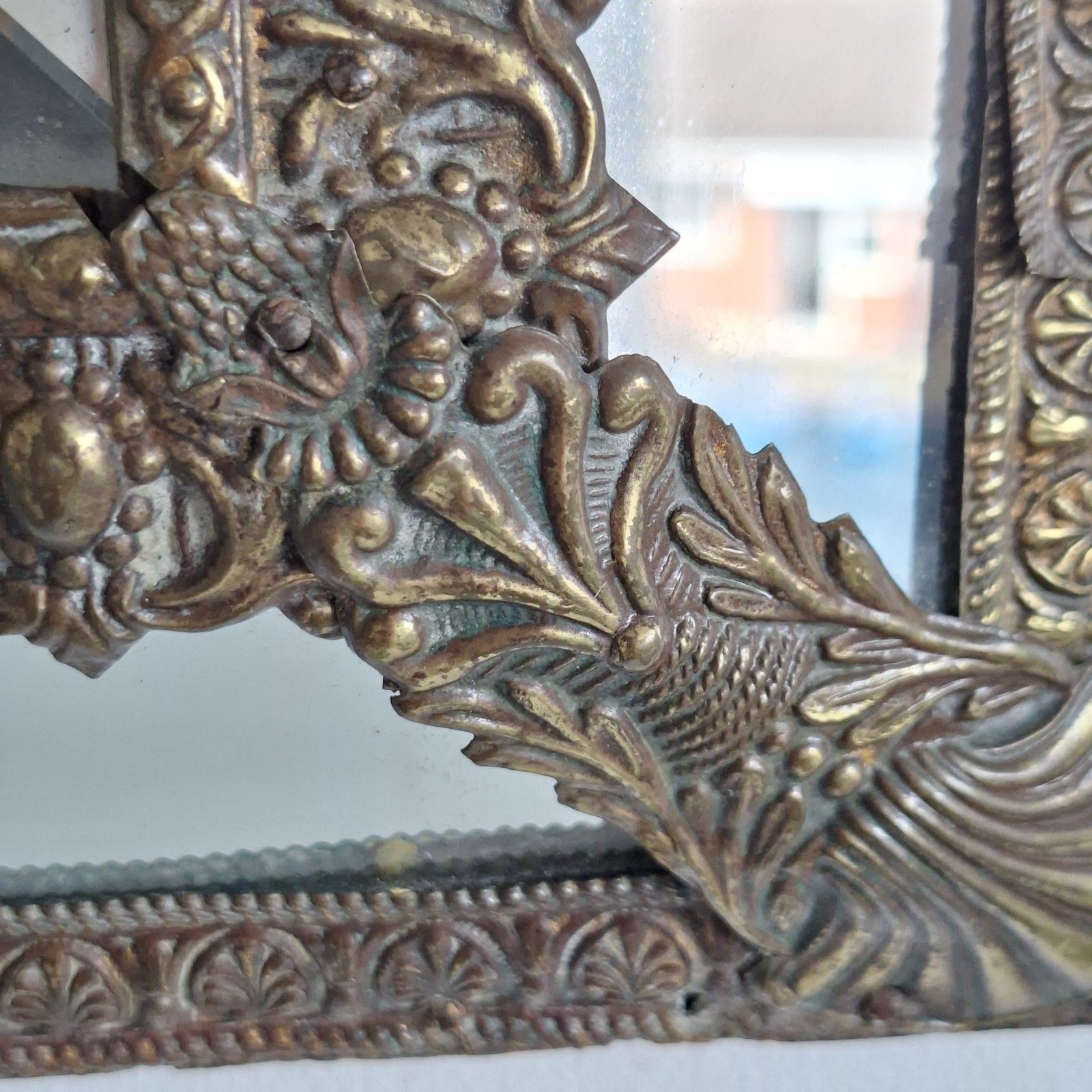 French Napoleon III Cushion Mirror Repousse Brass Antique 19th Century photo vintage