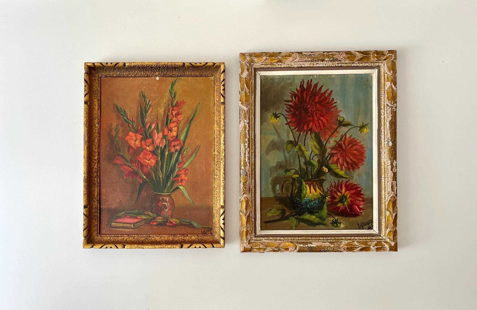 Set Van 2 Franse Stillevens, Olieverf Op Doek, 1939 – Antiek Paar Bloemstukken, Gesigneerd Door Lefeuvre, Ingelijst