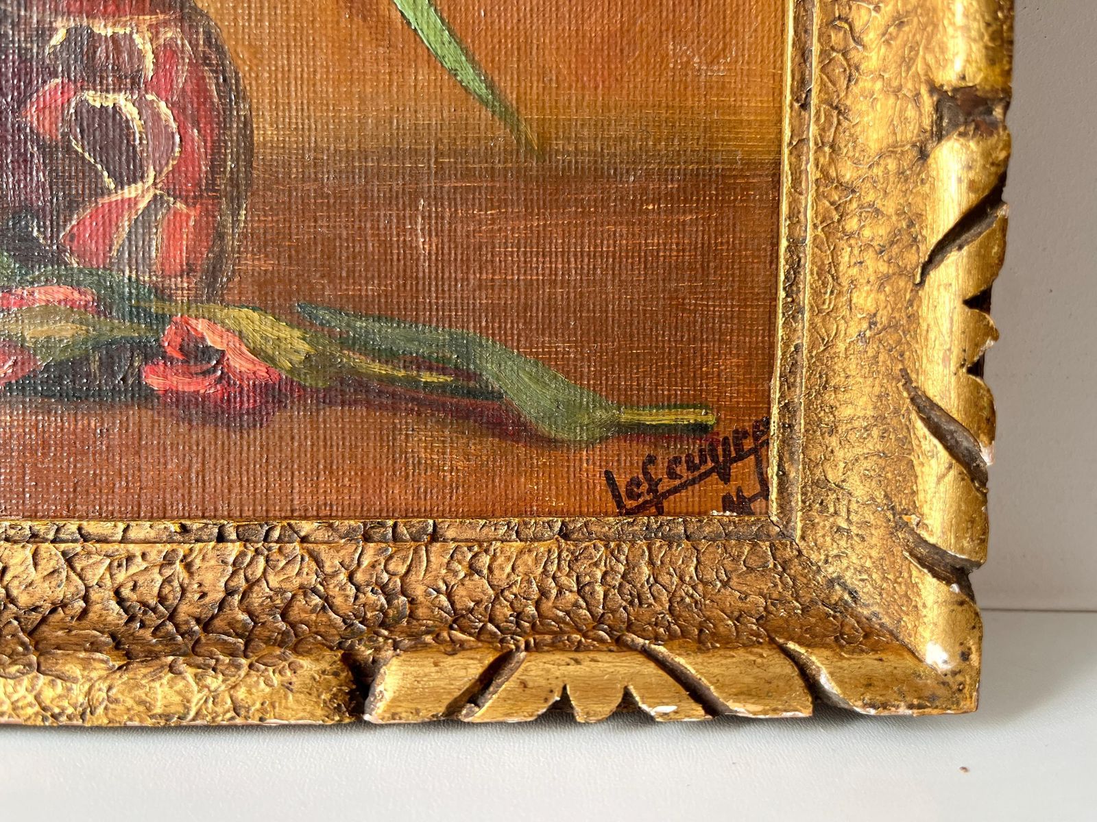 Set Of 2 French Still Lives Oil On Canvas 1939's, Antique Pair Of Bouquets Of Flowers Signed By Lefeuvre, Original Framed Painting photo Art