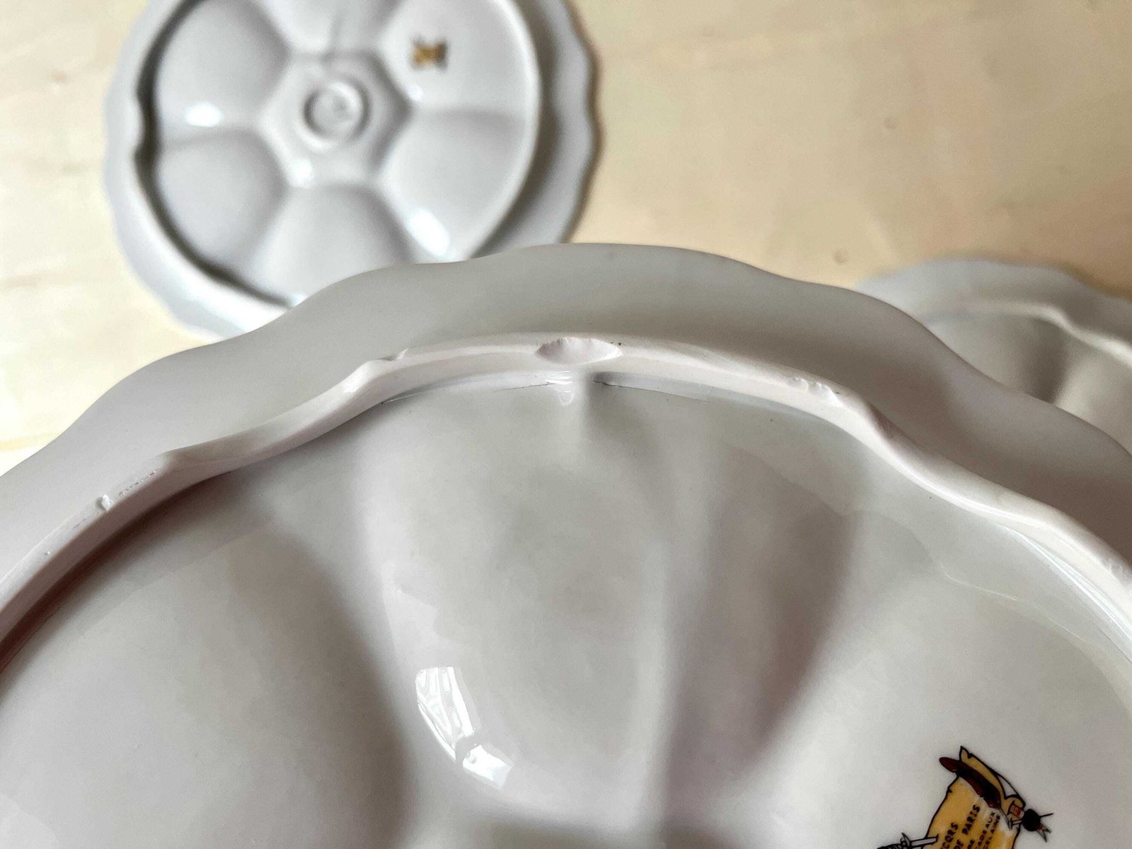 photo for sale Set Of 4 Oyster Plates + 2 Dishes Made In France From 70s, Vintage Porcelain Seafood Dishes