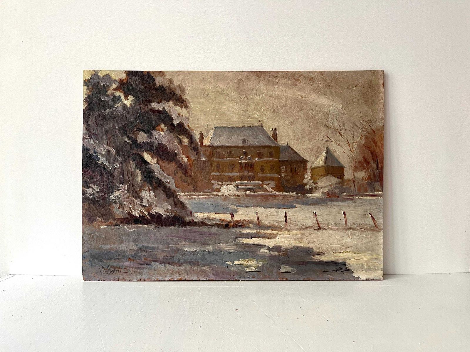 Original 1937's Snowy Rural Landscape "French Castle Under The Snow", Antique French Winter Painting