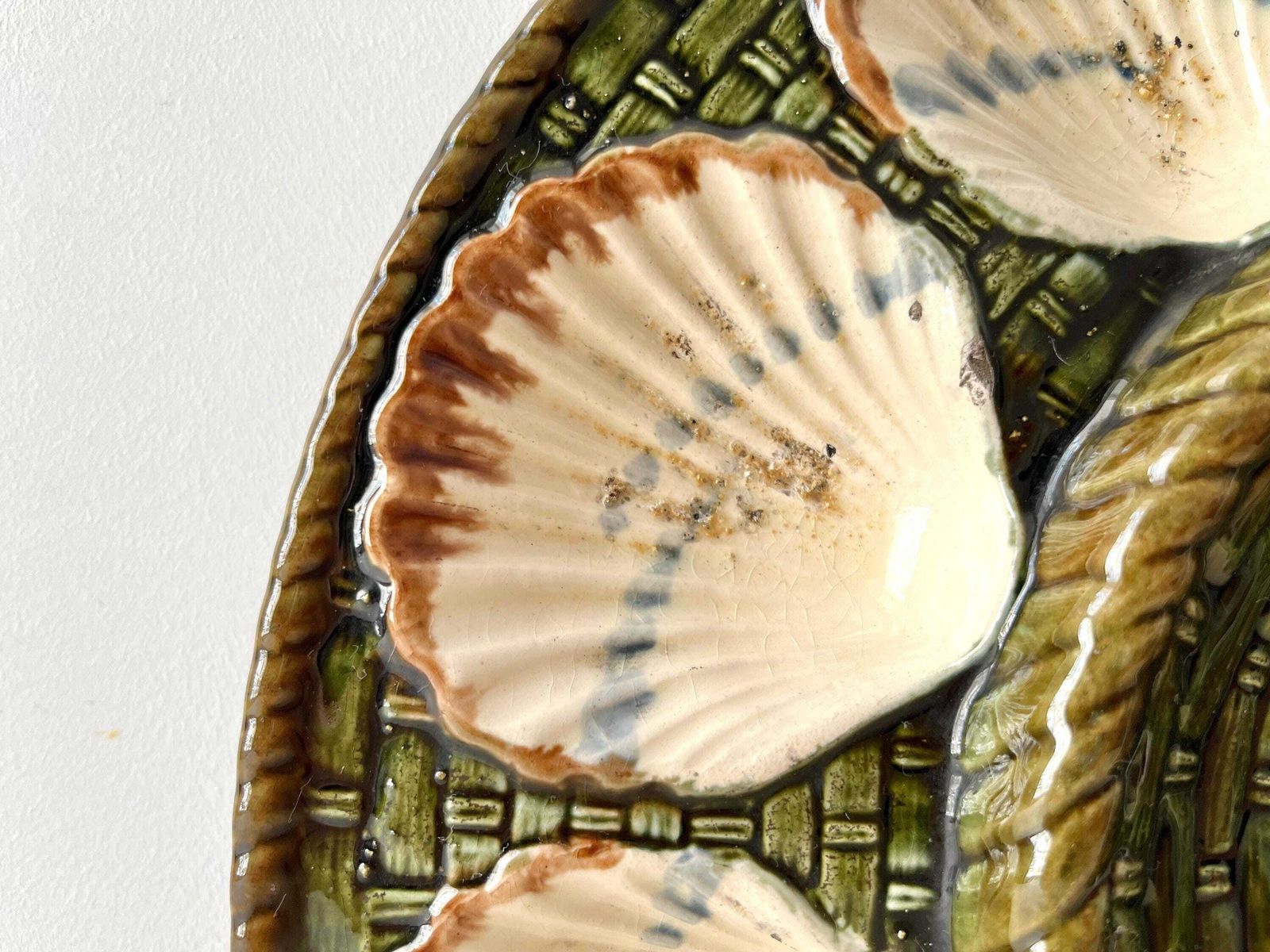 Large Antique Majolica Oyster Dish Signed Longchamp France, 19th Century Ironstone Seafood Platter photo furniture