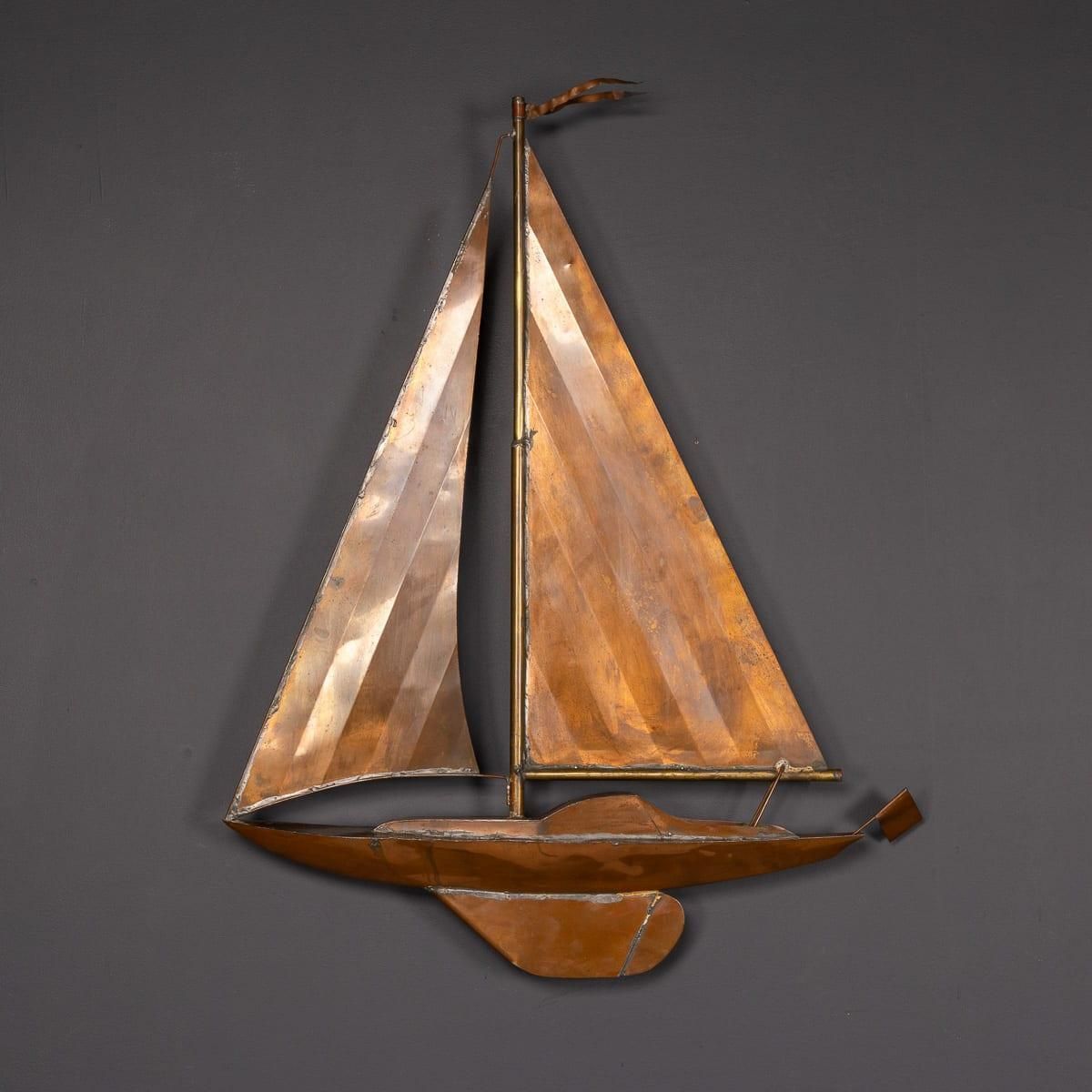 Vintage 20th Century Wall Hanging Copper Sculpture Of A Racing Yacht C.1960 photo furniture