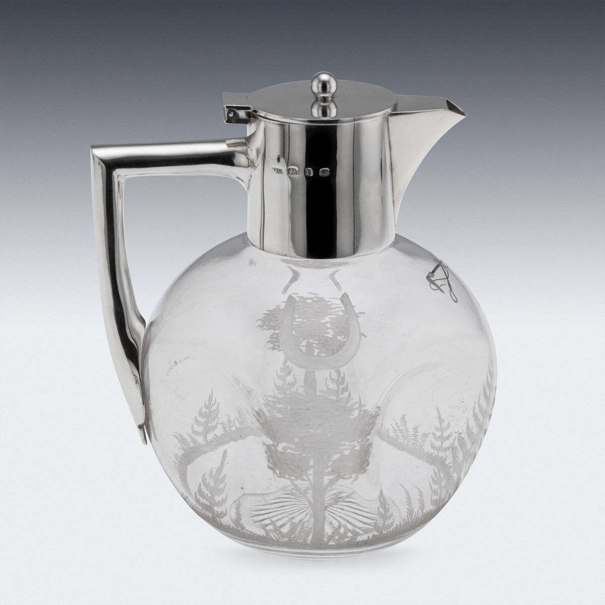 Antique 19thc English Solid Silver & Etched Glass Claret Jug, Birmingham C.1897 photo 1929.0