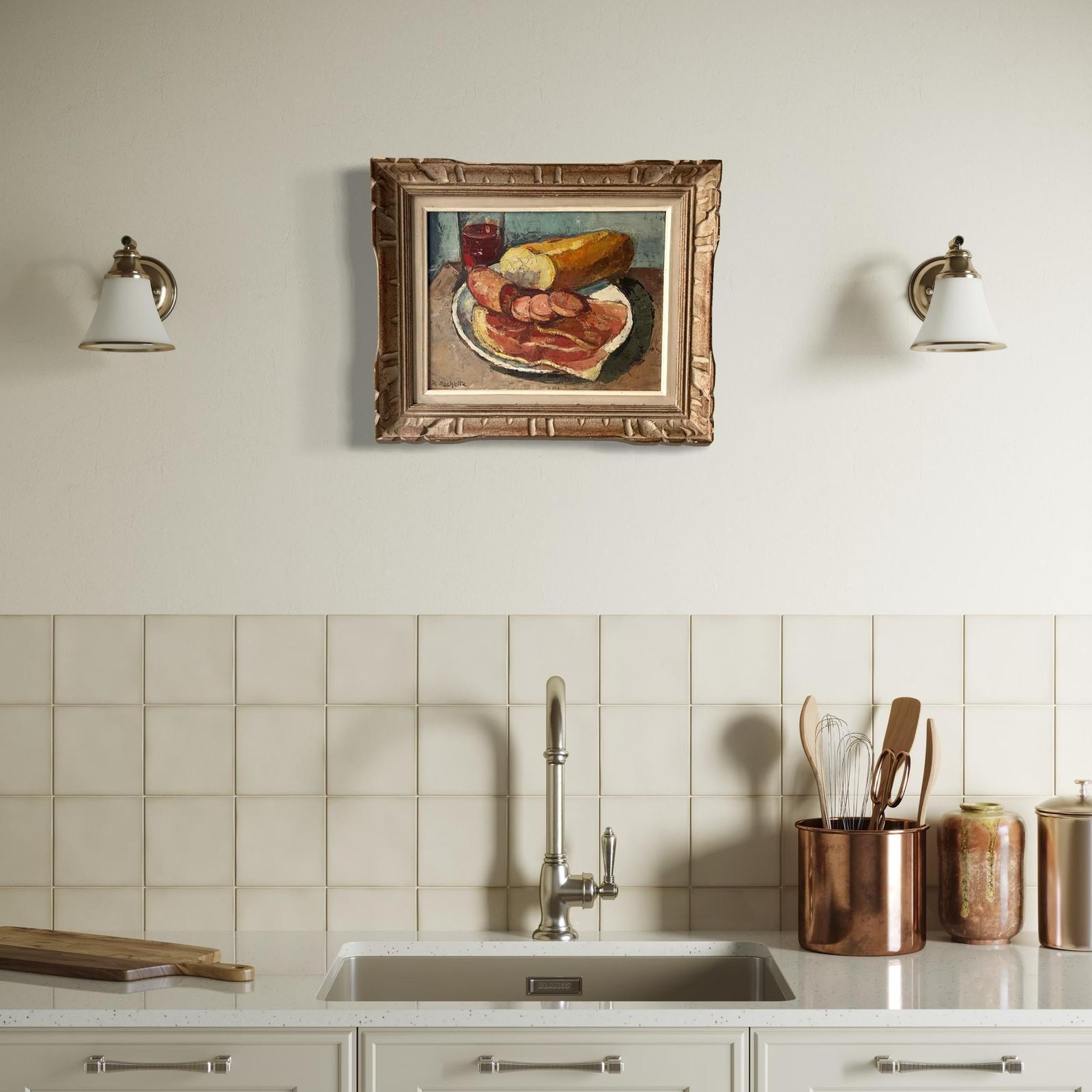Original Vintage Still Life "The French Meal" 1940s, Midcentury Framed And Signed Painting, Kitchen Decor photo furniture
