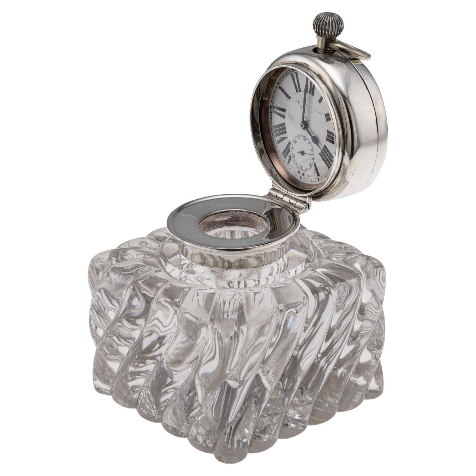 Antique 20thc Scottish Solid Silver Clock & Inkwell By Hamilton & Inches C.1903