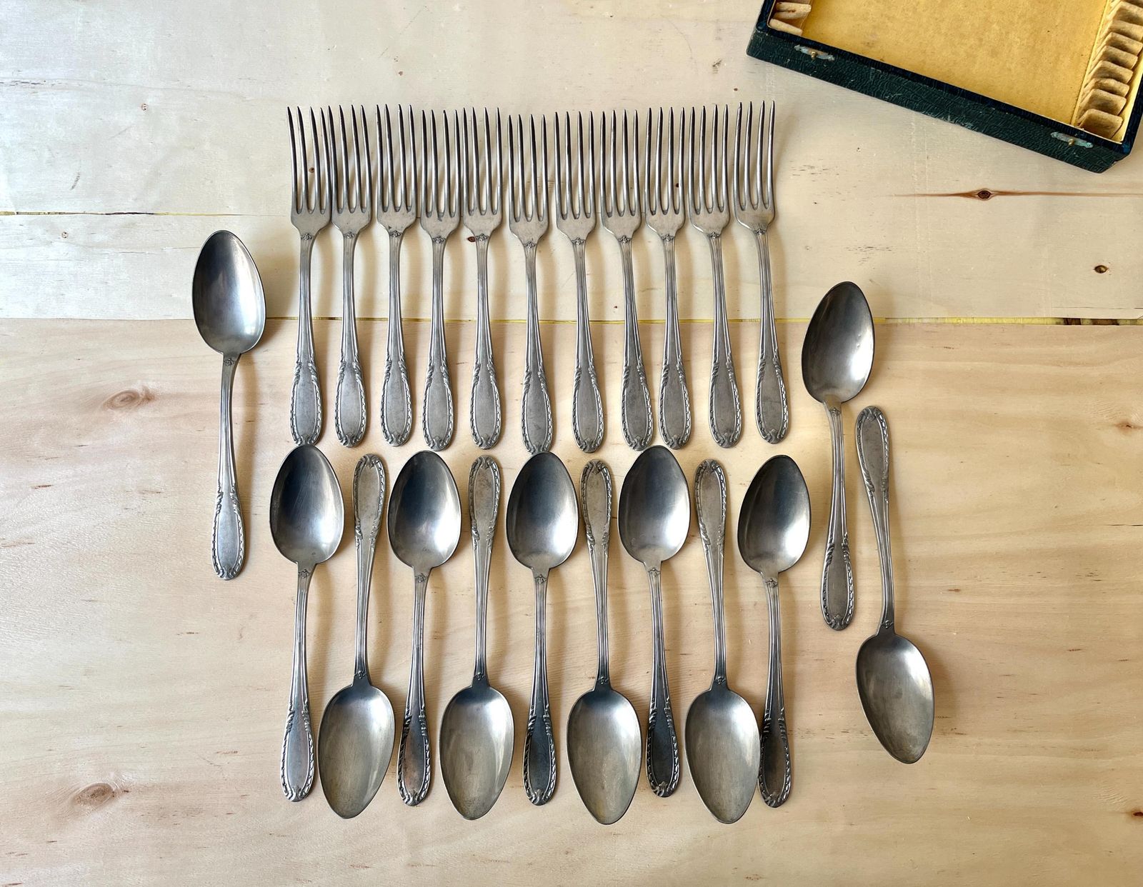 French Antique 23 Pieces Cutlery Set In Silver Metal 1940s, Antique Forks And Soup Spoons Tableware photo Home Decor