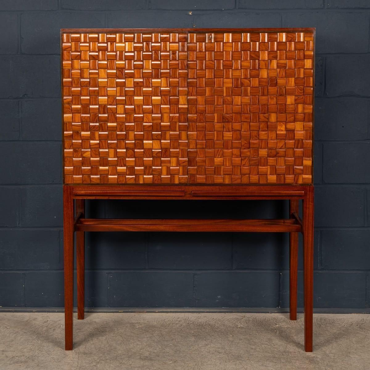 Vintage 20thc Italian Dry Bar Cabinet With 'Woven' Front Decor On Stand C.1960 photo for sale