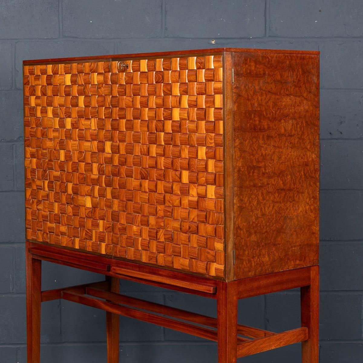 photo furniture Vintage 20thc Italian Dry Bar Cabinet With 'Woven' Front Decor On Stand C.1960