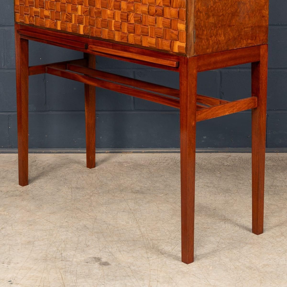 Furniture Vintage 20thc Italian Dry Bar Cabinet With 'Woven' Front Decor On Stand C.1960 photo