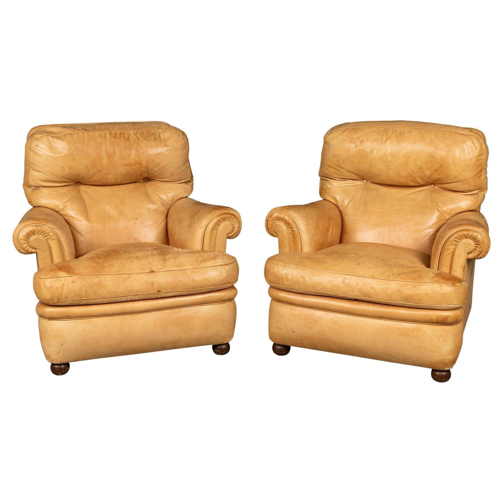 Vintage 20thc Italian Pair Of Tan Leather Armchairs By Poltrona Frau C.1970