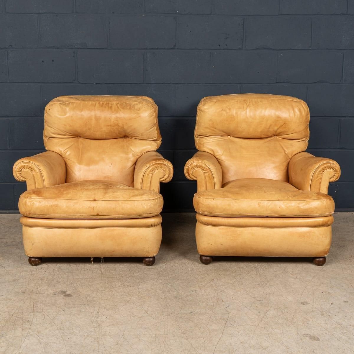 Vintage 20thc Italian Pair Of Tan Leather Armchairs By Poltrona Frau C.1970 photo for sale