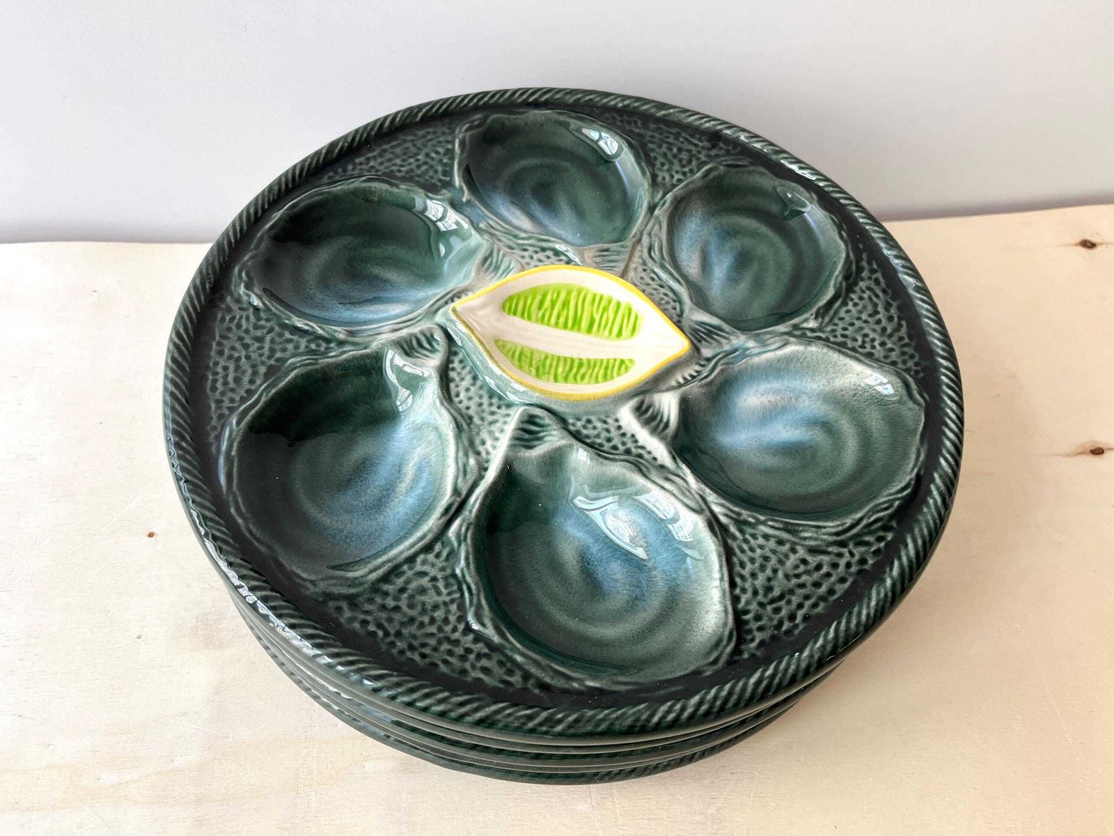 Set Of 5 Oyster Plates Signed St Clement France, 60s French Ceramic, Vintage Majolica Seafood Dishes photo for sale