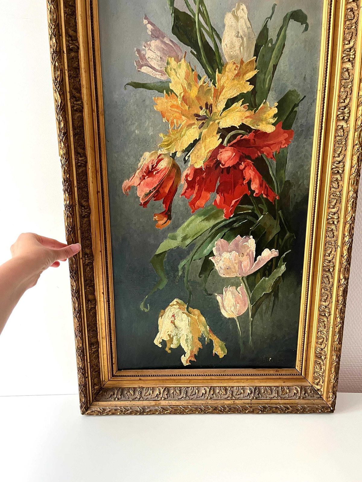 Original 1920s Large Flowers Bouquet In Oil On Canvas, 44 X 20 French Gilded Frame Antique Still Life Painting photo vinterior