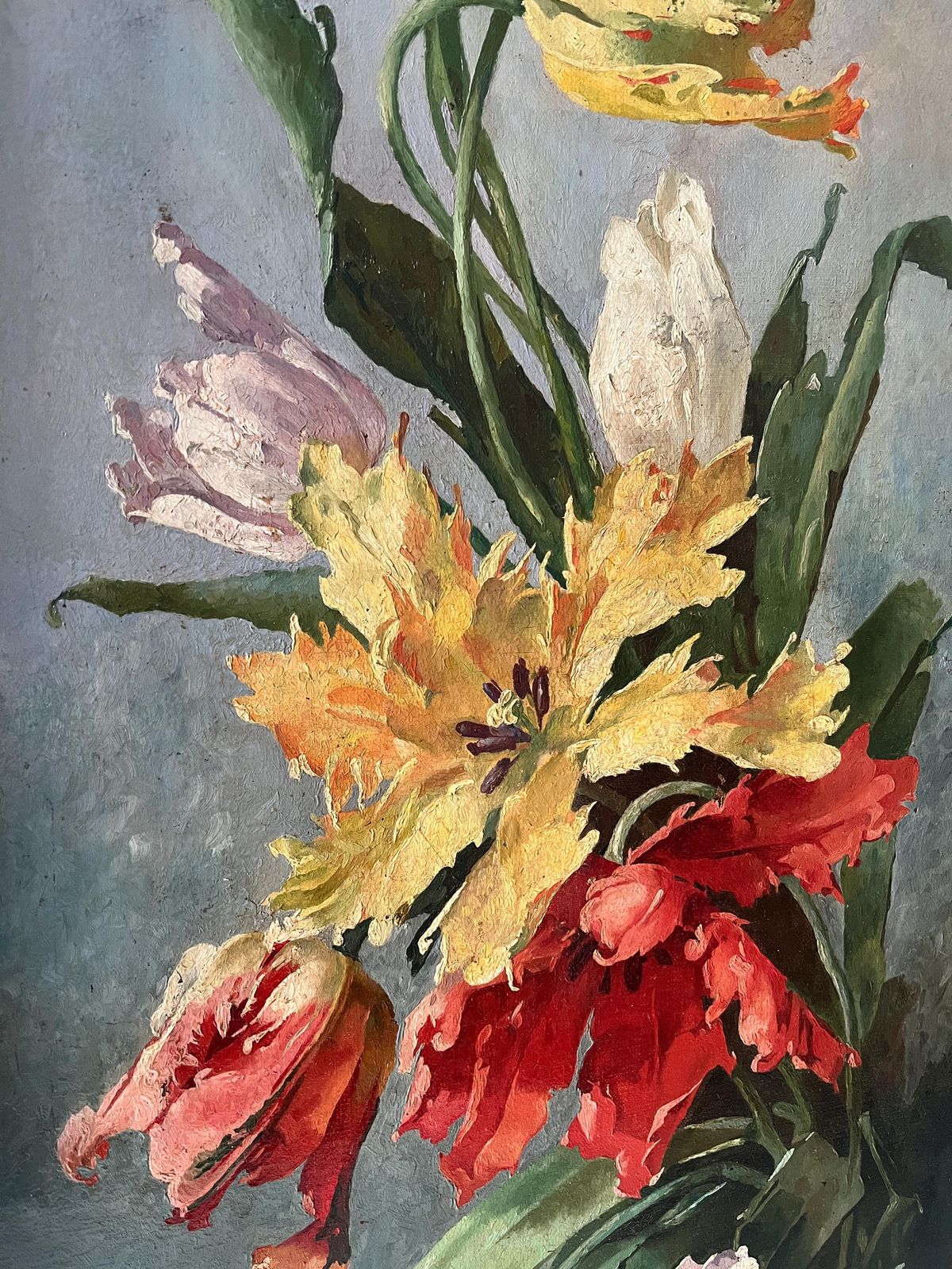 Original 1920s Large Flowers Bouquet In Oil On Canvas, 44 X 20 French Gilded Frame Antique Still Life Painting photo buy