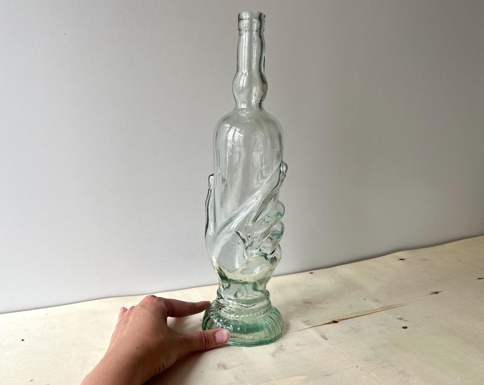 French Art Deco Legras Glass Bottle "Transparent Hand" Circa 1920s, Antique Pressed Molded Glass Decanter photo vintage