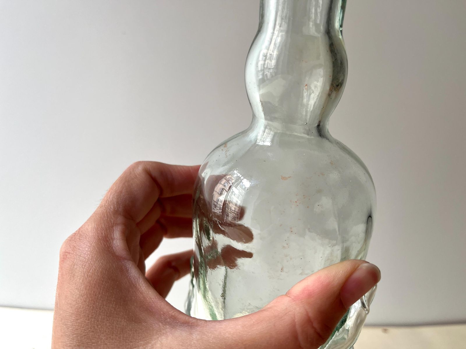 photo for sale French Art Deco Legras Glass Bottle "Transparent Hand" Circa 1920s, Antique Pressed Molded Glass Decanter