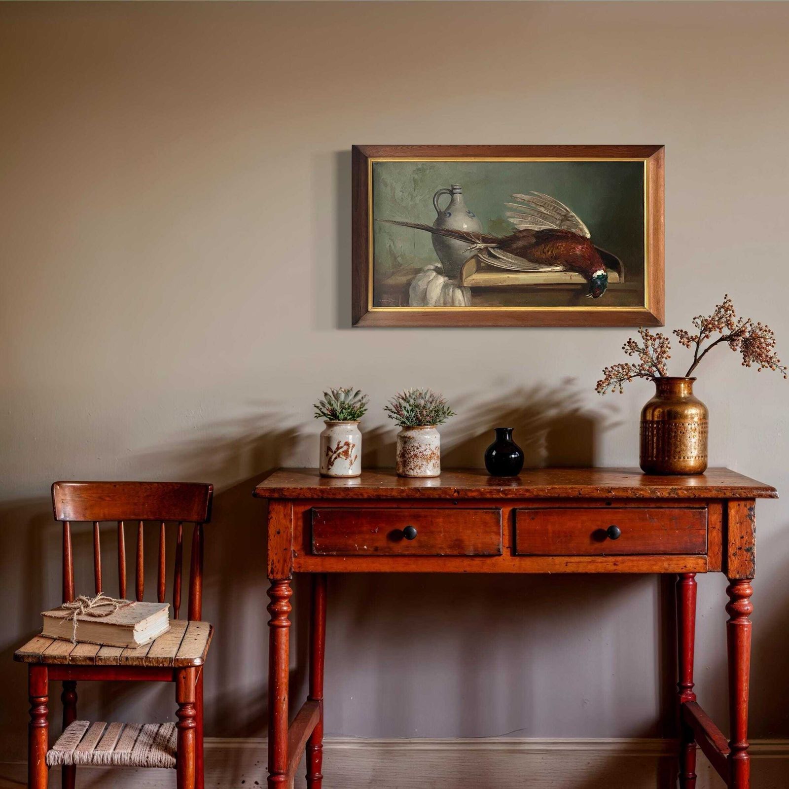 French Antique Still Life Oil On Canvas "The Trophy Hunting", Original 1920s Pheasant Painting photo furniture