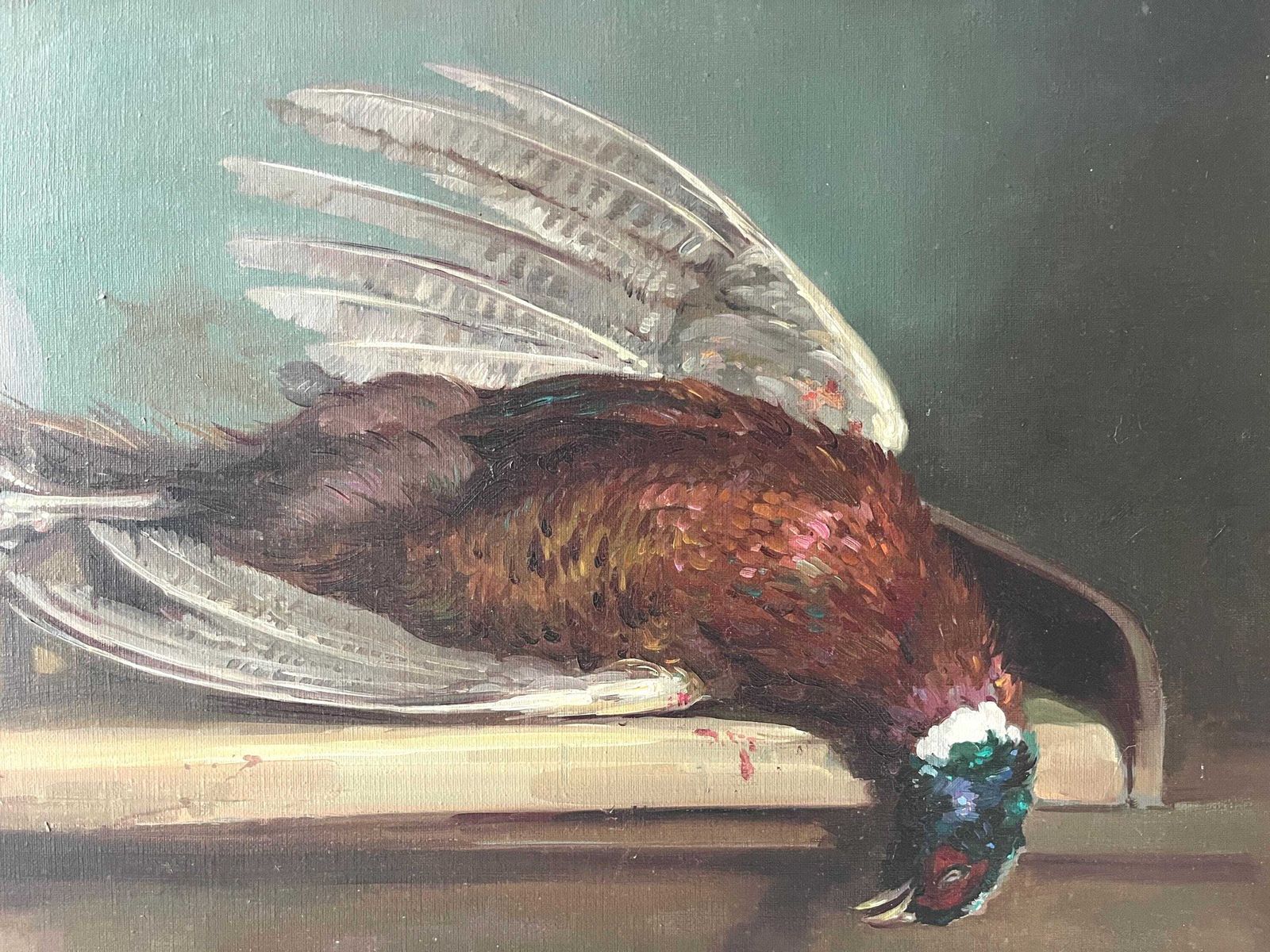 French Antique Still Life Oil On Canvas "The Trophy Hunting", Original 1920s Pheasant Painting photo 581.0