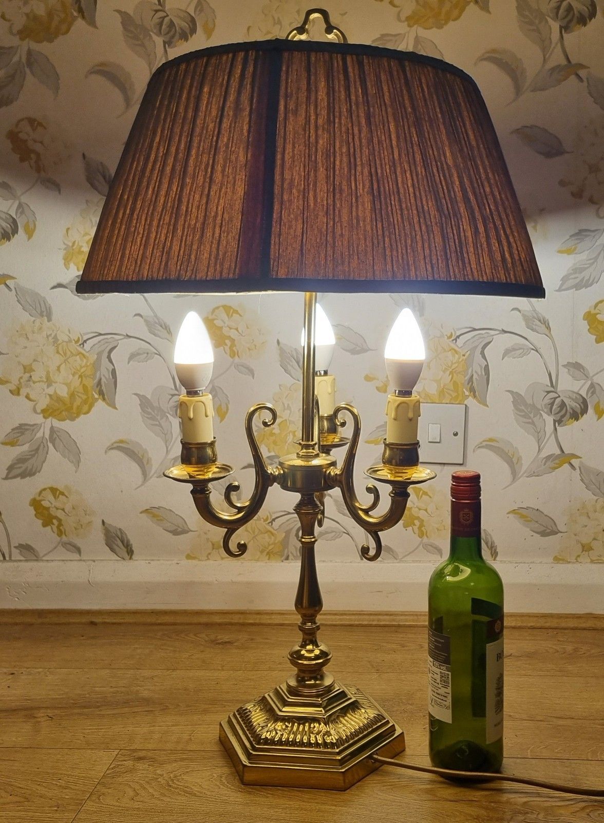 Large French Bouilotte Style Brass Table Lamp 3 Arm Candelabra Pleated Shade 29" photo Lighting