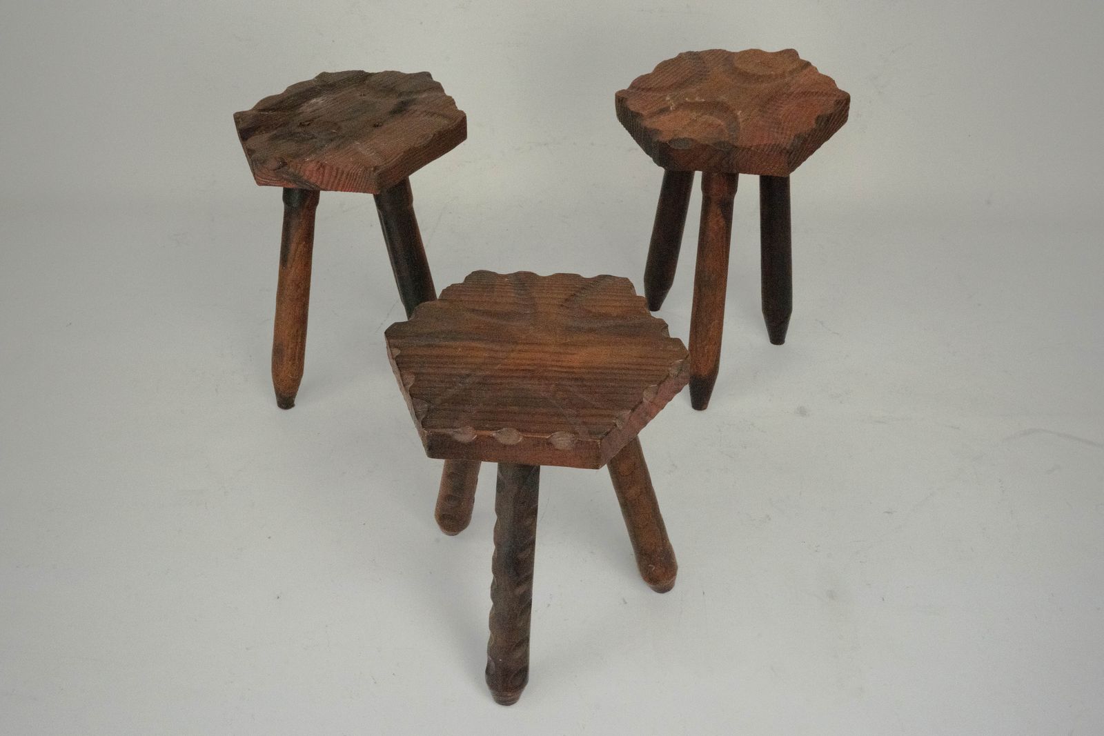 Set Of Three Vintage Italian Brutalist Wooden Stools, 1960s photo furniture