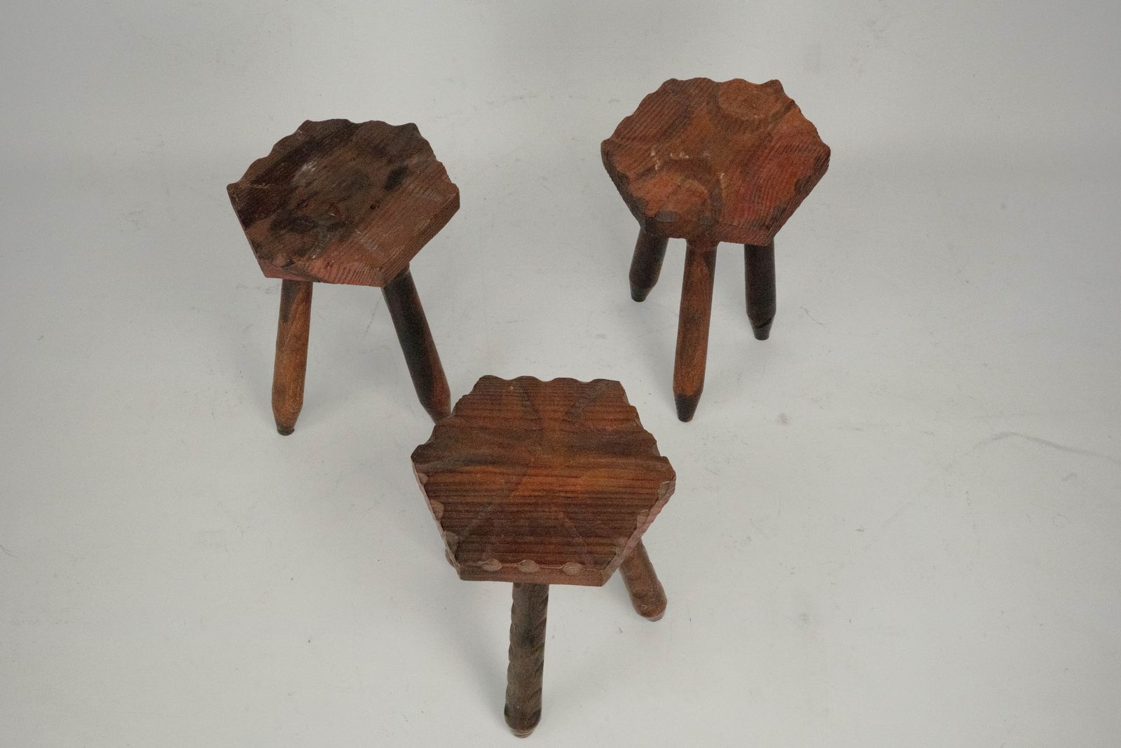 Set Of Three Vintage Italian Brutalist Wooden Stools, 1960s photo vinterior