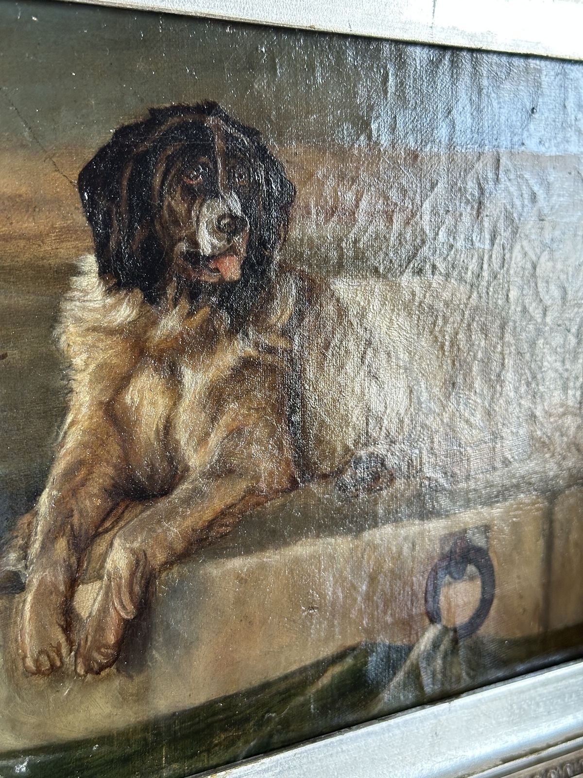 19th Century Dog Portrait   Oil Painting   Newfoundland Dog After Landseer photo vintage