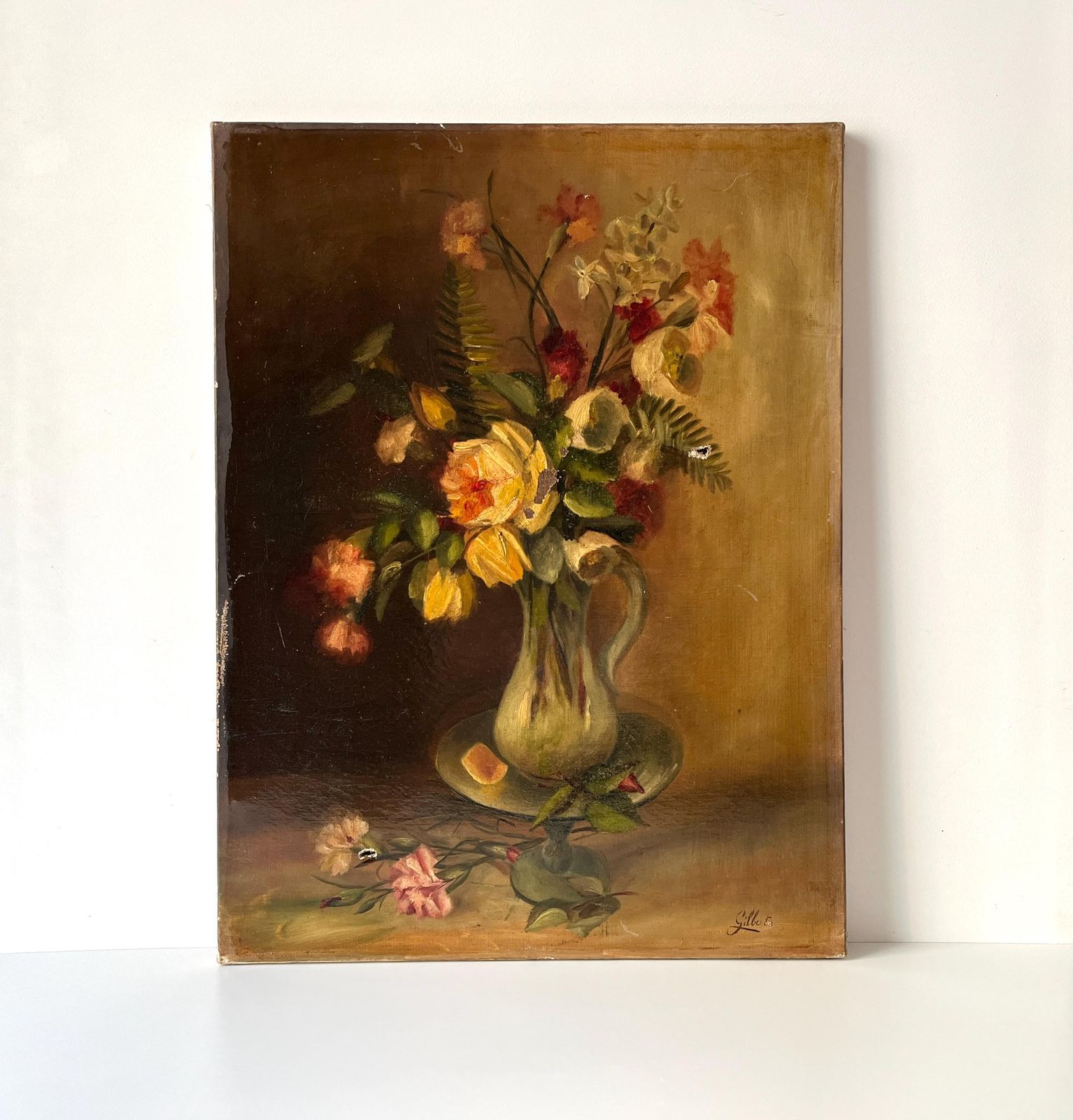 Original 1900s Bouquet Of Flowers In Oil On Canvas, French Antique Floral Still Life Painting