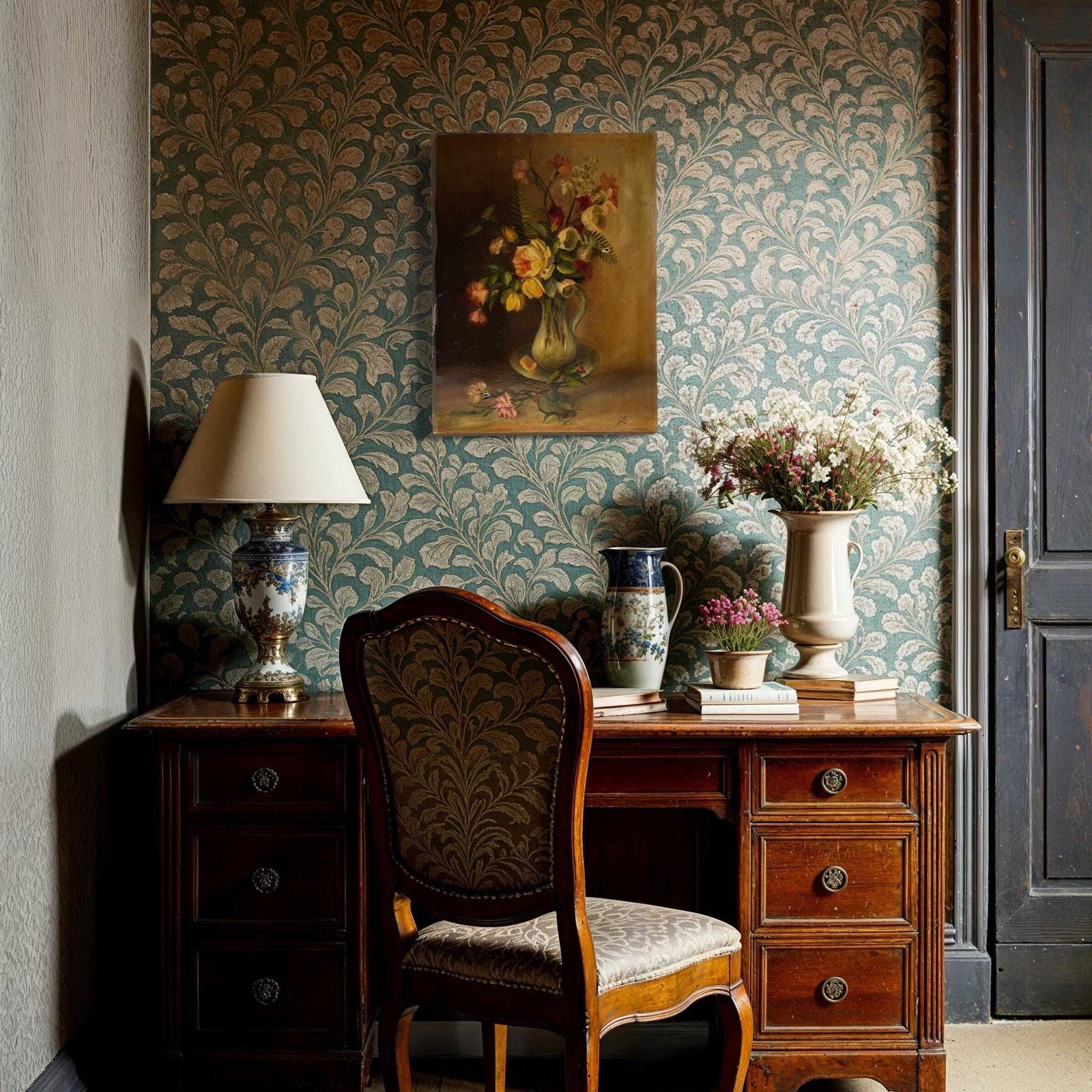 Original 1900s Bouquet Of Flowers In Oil On Canvas, French Antique Floral Still Life Painting photo furniture