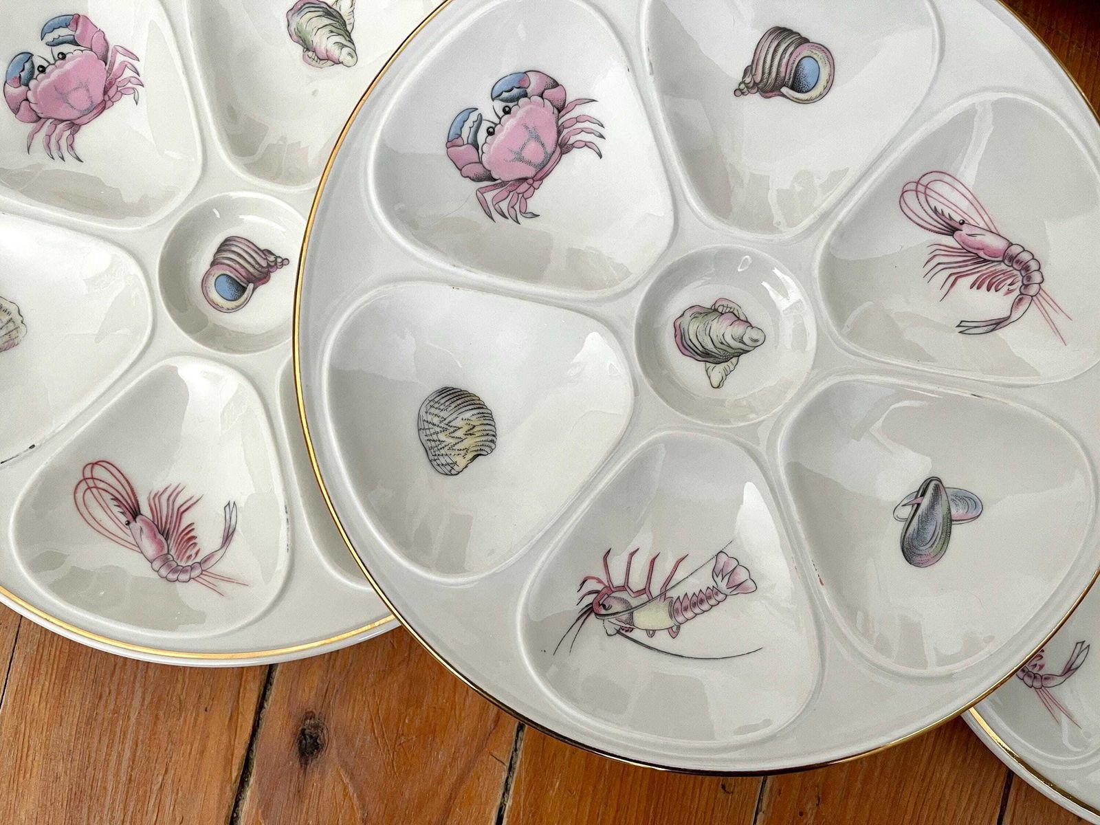 photo for sale Set Of 6 Porcelain Oyster Plates From Limoges By Louis Lourioux 60s, Vintage Fine Bone Seafood Plates, Vintage French Tableware