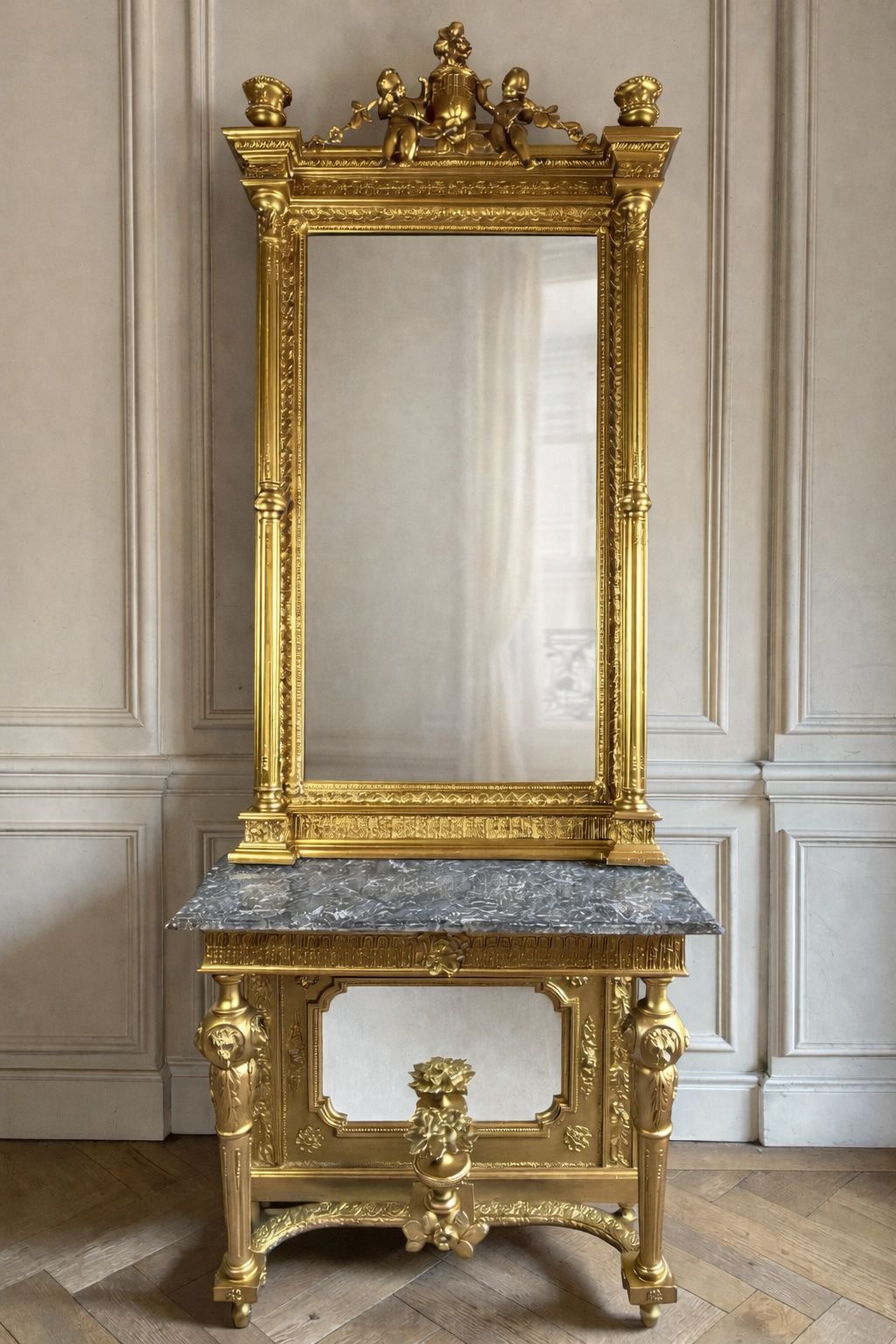 19th Century French Giltwood Pier Mirror With Marble Top