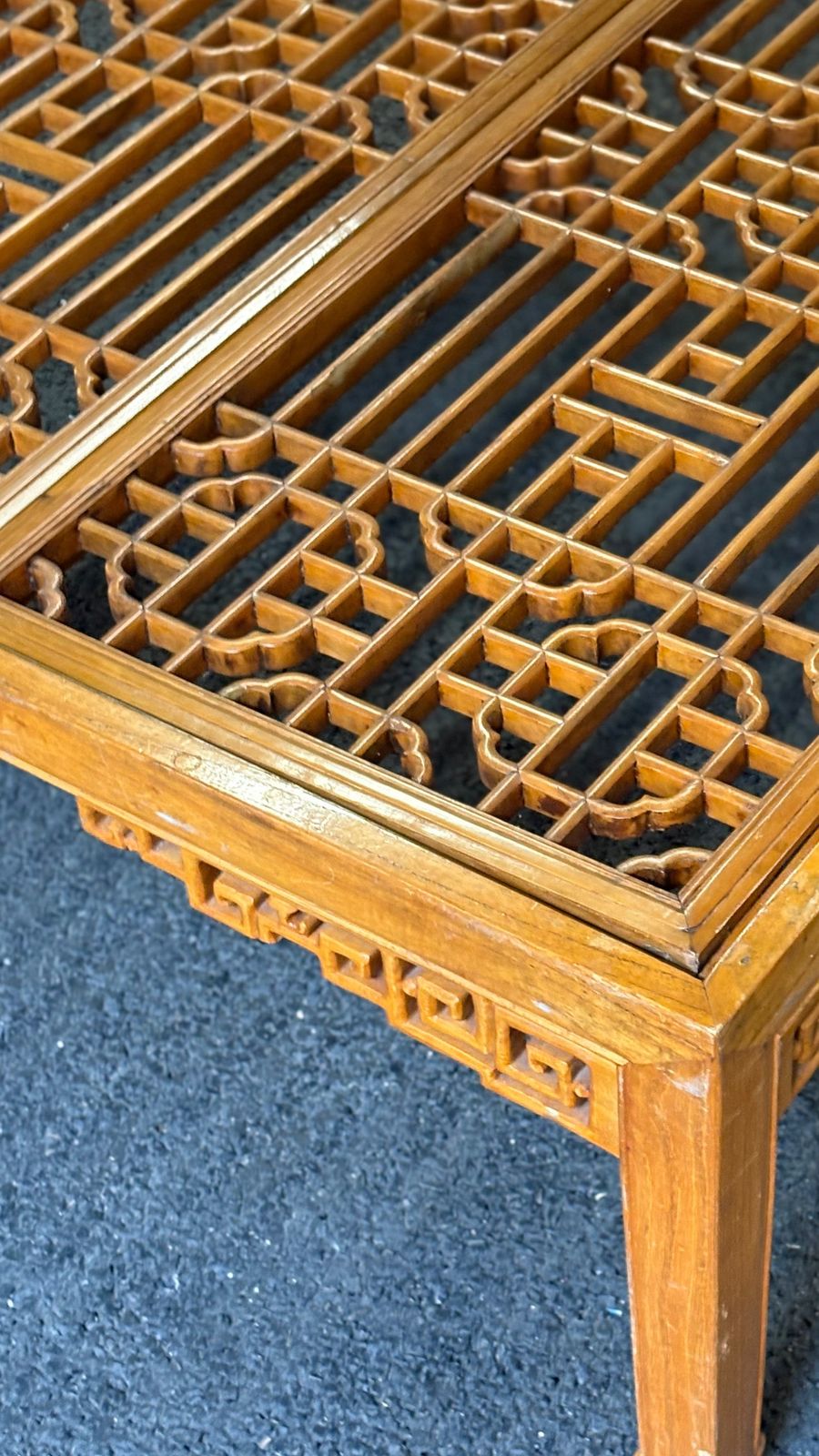 Qing Dynasty Elmwood Square Coffee Table With Open Fretwork And Horse Hoof Legs, China Circa 1912 photo Furniture