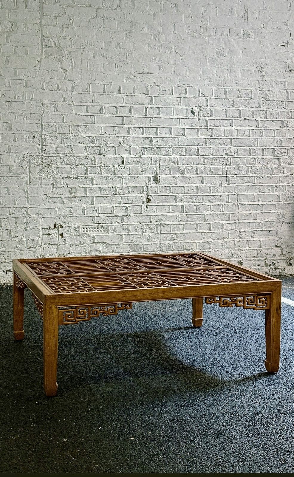 Qing Dynasty Elmwood Square Coffee Table With Open Fretwork And Horse Hoof Legs, China Circa 1912