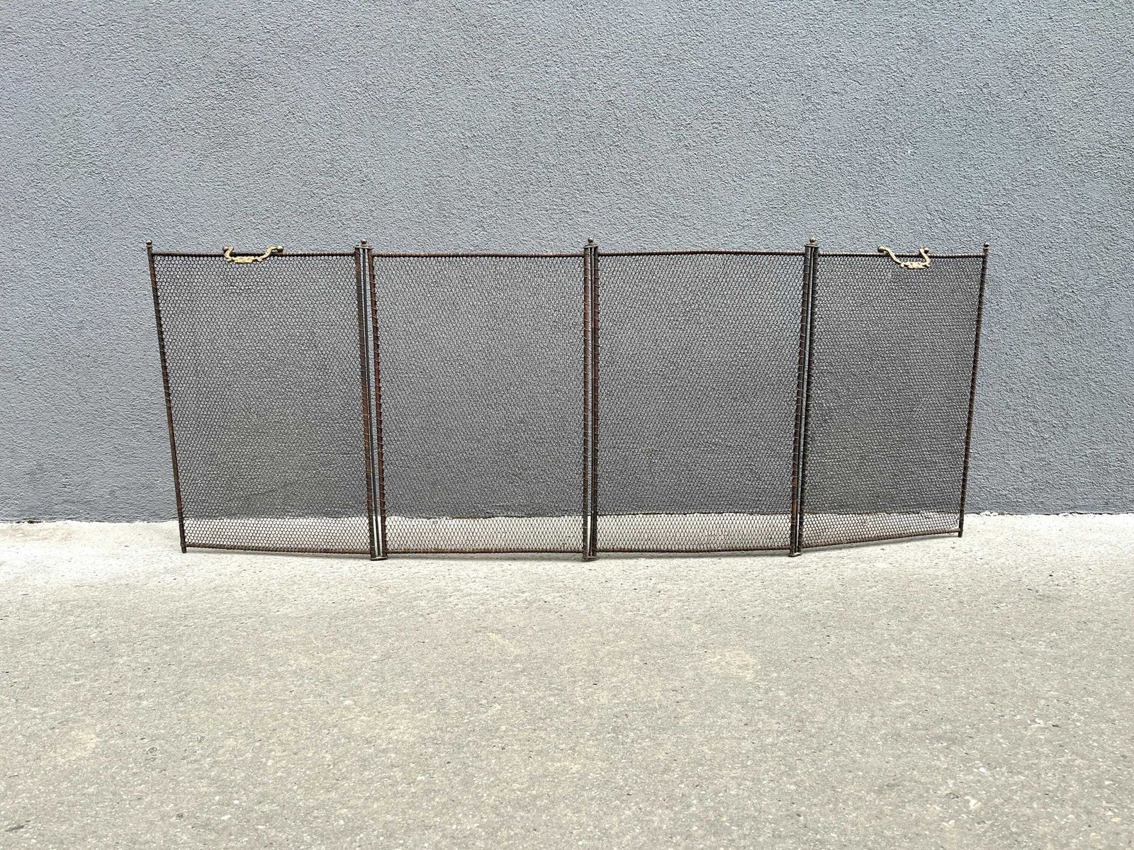 French 19th Copper Fire Screen 53 X 20 Inches, Napoleon 3rd Fireplace Protector, 4 Flap Antique Chimney Screen photo for sale