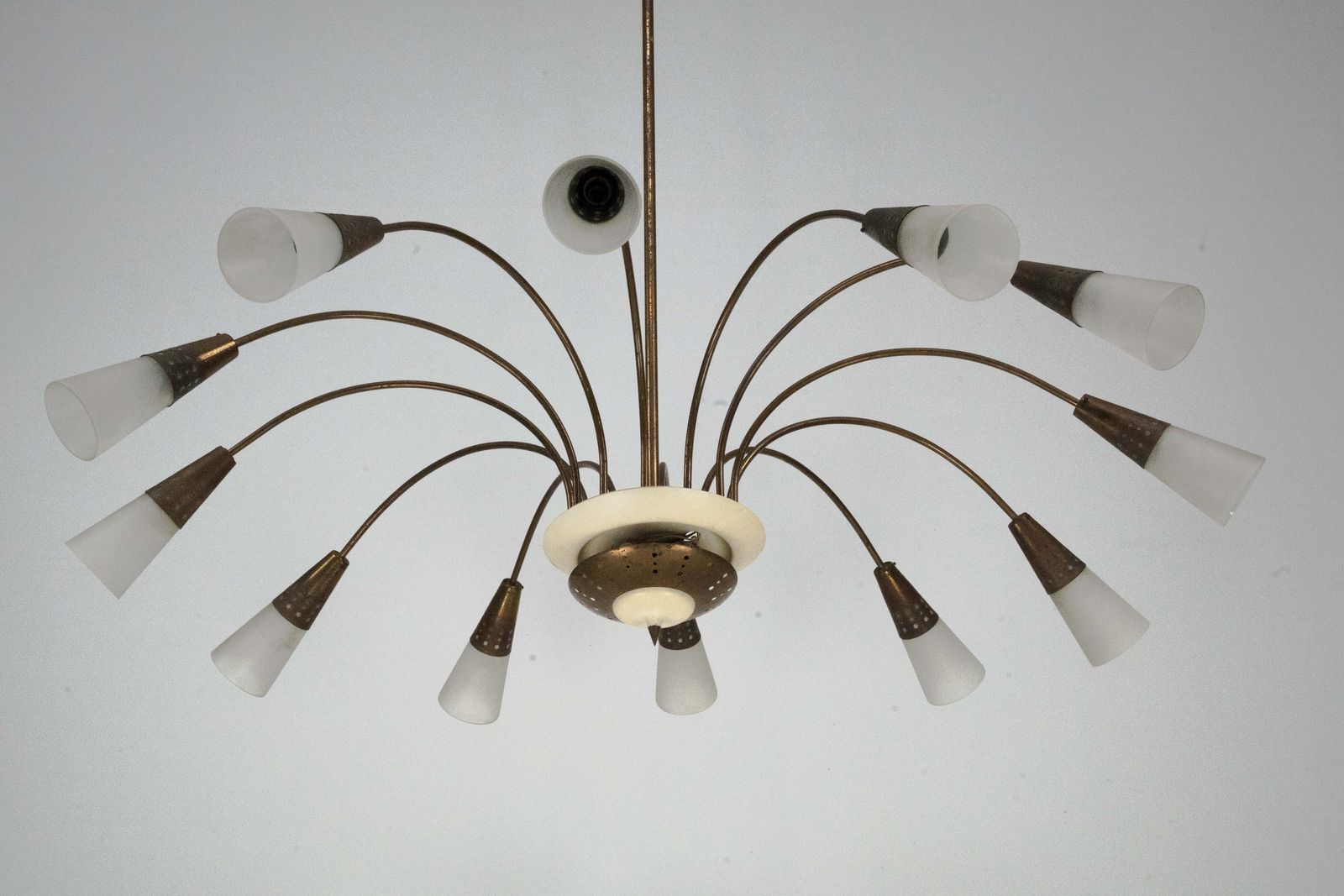 photo for sale Large Italian Mid Century Sputnik Brass Chandelier With Satin Glass, 1950s