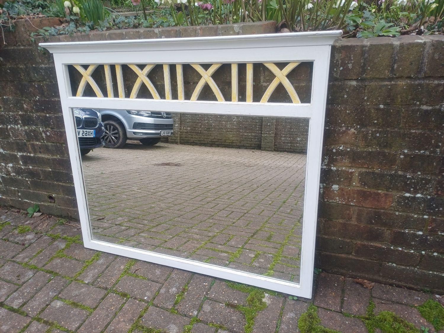 Large Hand Painted Ducal Pine Mirror Farrow And Ball Wimborne White Gold Trellis Over Mantel Wall Mirror Shabby Chic photo furniture