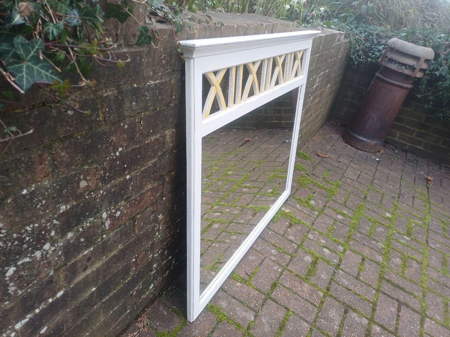 Large Hand Painted Ducal Pine Mirror Farrow And Ball Wimborne White Gold Trellis Over Mantel Wall Mirror Shabby Chic photo for sale