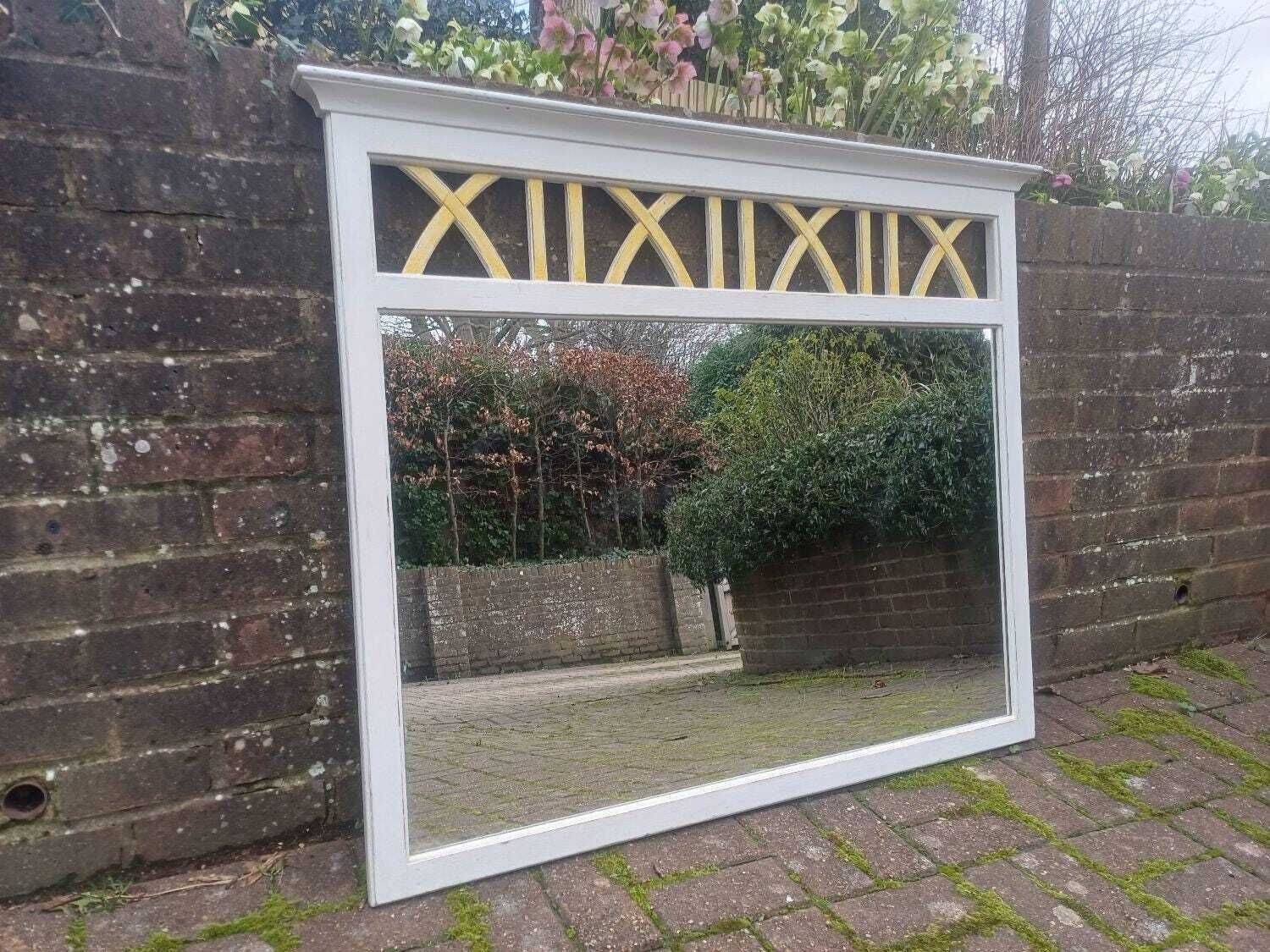 photo for sale Large Hand Painted Ducal Pine Mirror Farrow And Ball Wimborne White Gold Trellis Over Mantel Wall Mirror Shabby Chic