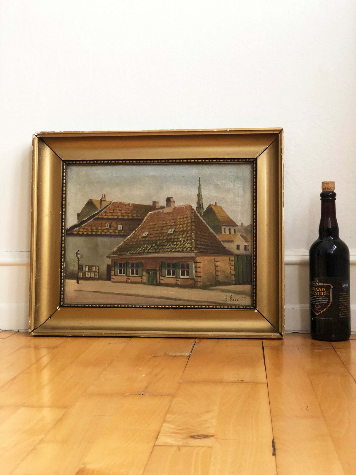 Art Vintage Large Original Oil Painting Of A Countryside Cottage, C. 1923. photo
