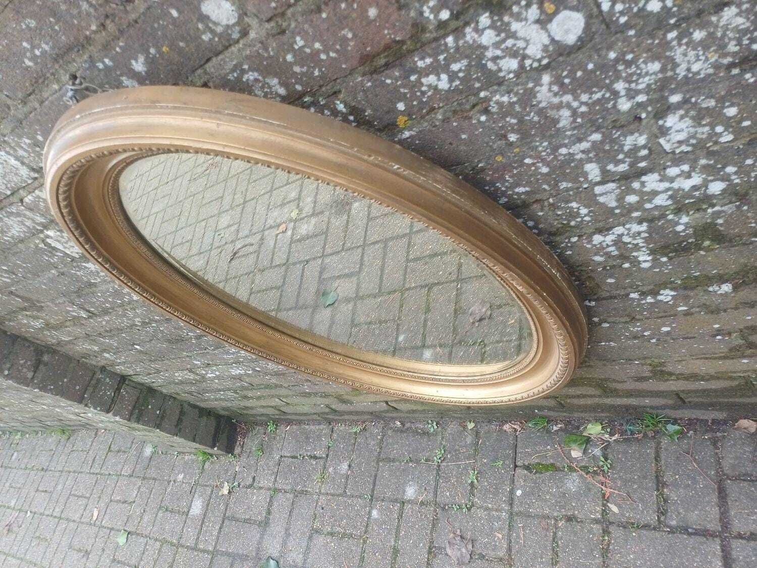 Large Late Victorian Oval Gold Gilt Mirror With Original Bevelled Glass – Antique Wall Mirror, Ornate Gesso Frame 89cm photo Home Decor