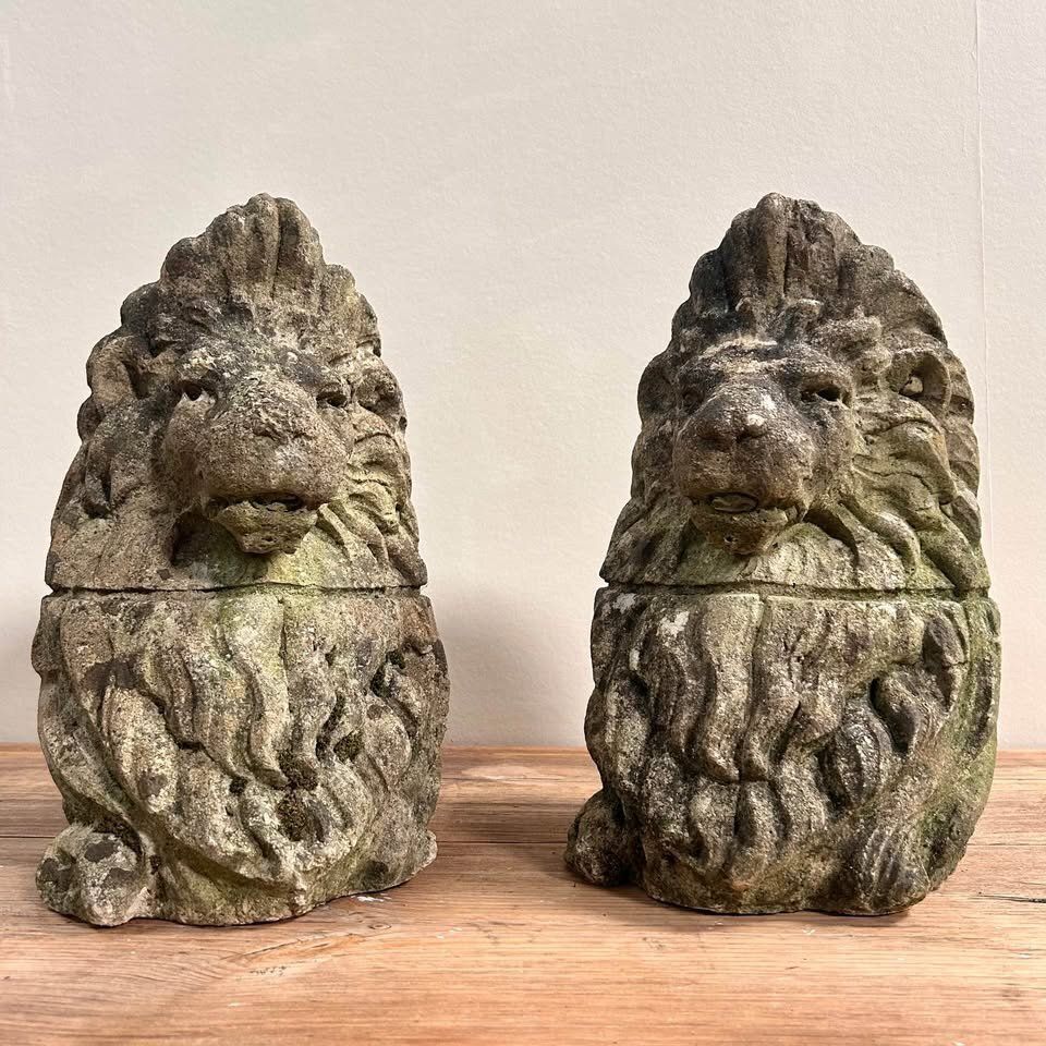 Pair Of Carved Stone Lion Bust Statues photo furniture