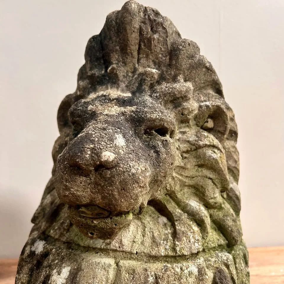 Pair Of Carved Stone Lion Bust Statues photo for sale