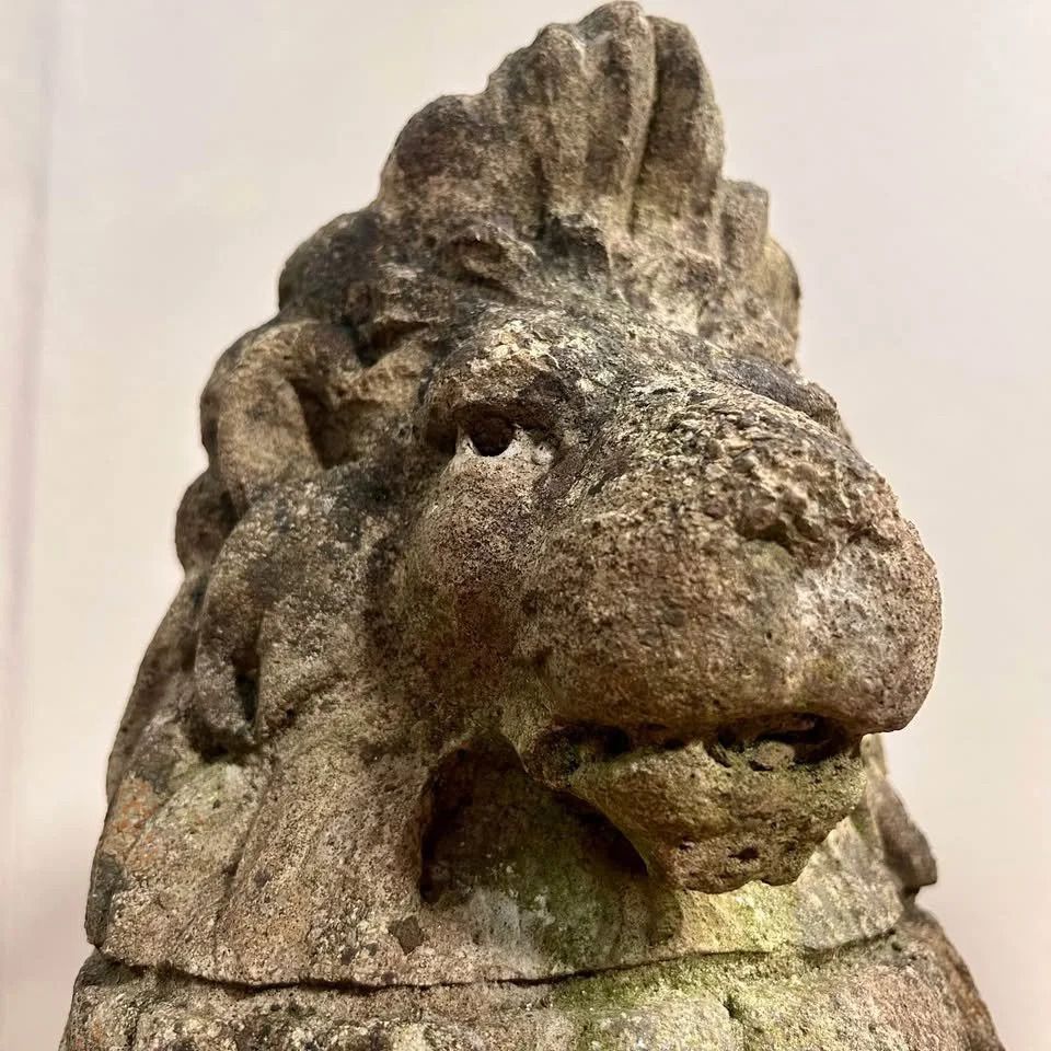 Pair Of Carved Stone Lion Bust Statues photo Garden Decor