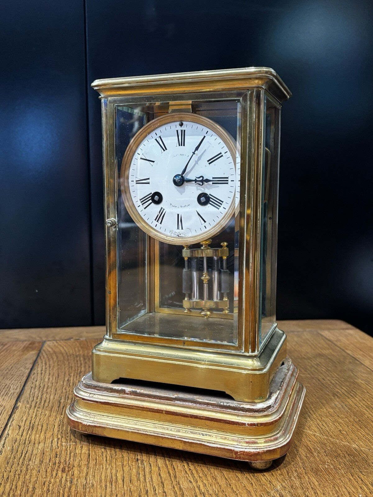 Victorian Brass 4 Glass Clock, Ticking Away & Chimes On A Gong.