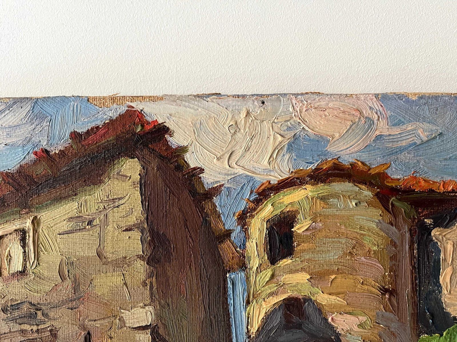 Original 1950s Oil On Canvas Of A French Stones Hamlet, Midcent Signed Rustic Landscape Painting, South Of France Village Scene photo vinterior