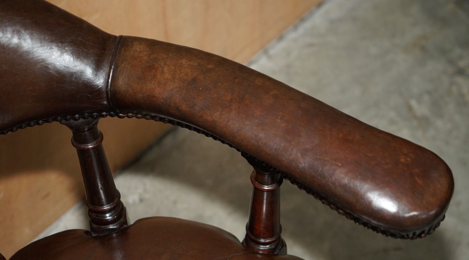 Furniture Original Antique Victorian Fully Restored Deep Brown Leather Captains Chair photo