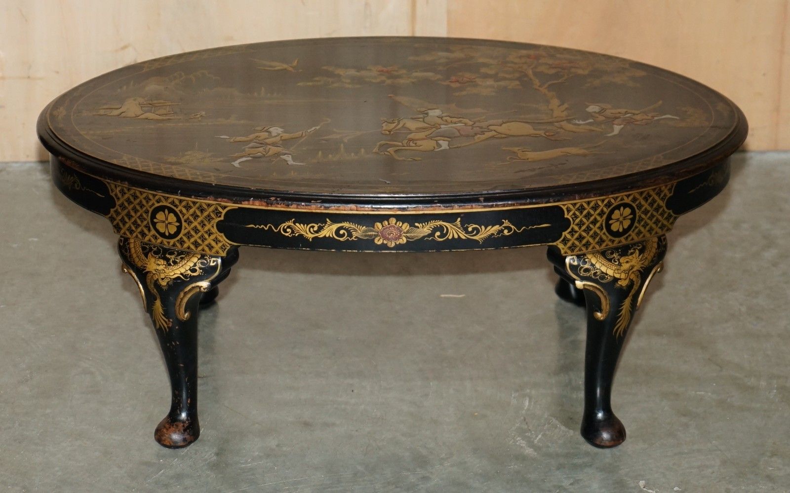 Large Oval Antique Circa 1920 Chinese Chinoiserie Export Lacquered Coffee Table photo for sale